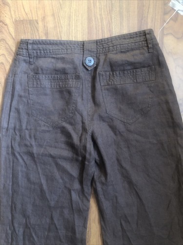 Pantalone Bass 100% Lino Marrone Cioccolato Vita Media Gamba Larga NUOVO Taglia 2 Tasche - Foto 6 di 13