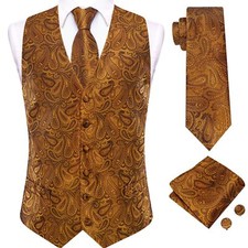 Mens Silk Suit Vest and Tie Handkerchief Set Jacquard Formal Dress Waistcoat ...