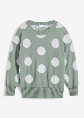 Oversize-Pullover Gr. 36/38 Rauchgrün Weiß Gepunktet Damen Strickpullover Neu