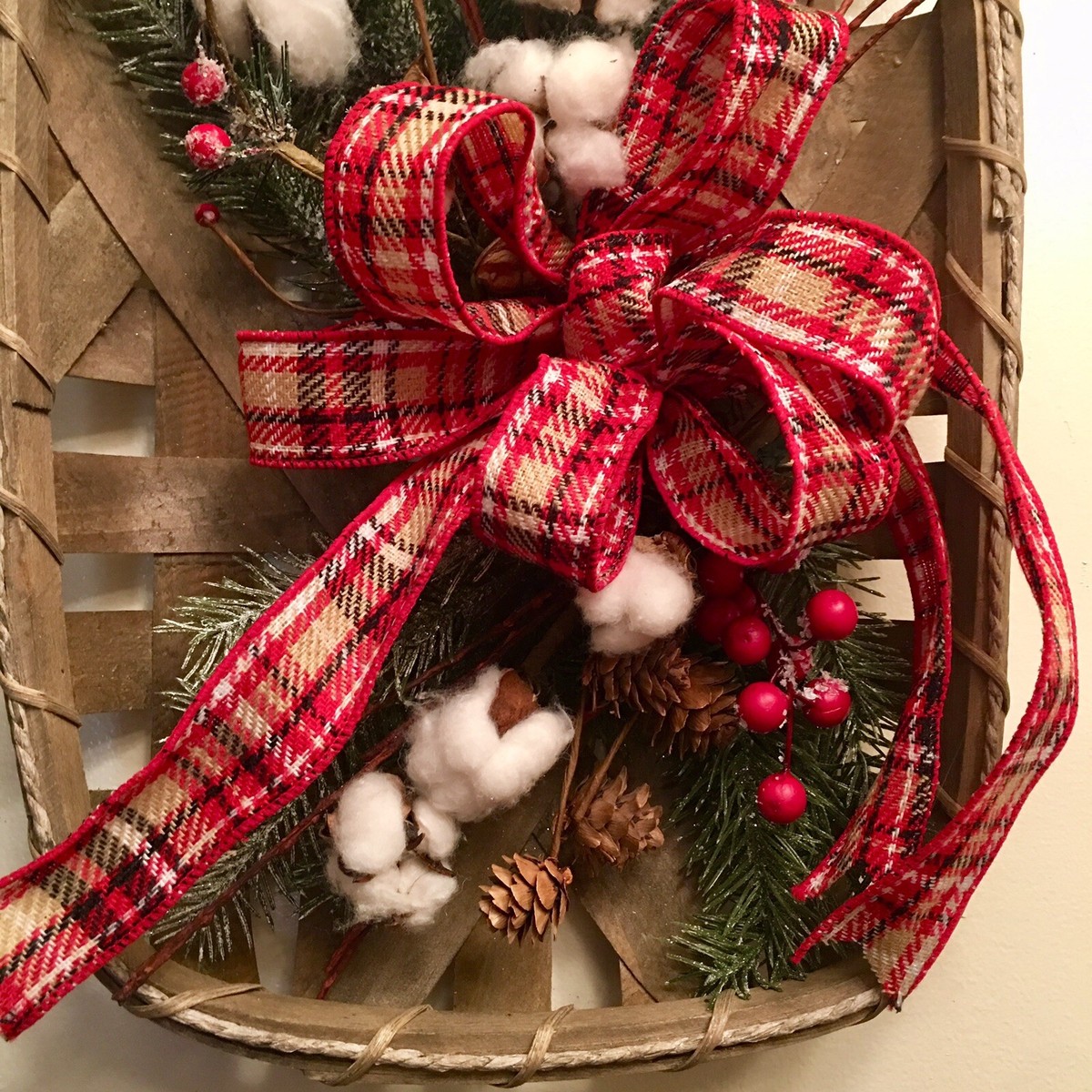 Farmhouse Red Plaid Cotton Bolls Christmas Tobacco Basket Christmas Floral  Decor