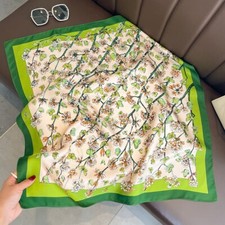 100 Mulberry Silk 27" Square Scarf Women Neckerchief Wrap Vintage Green Flowers