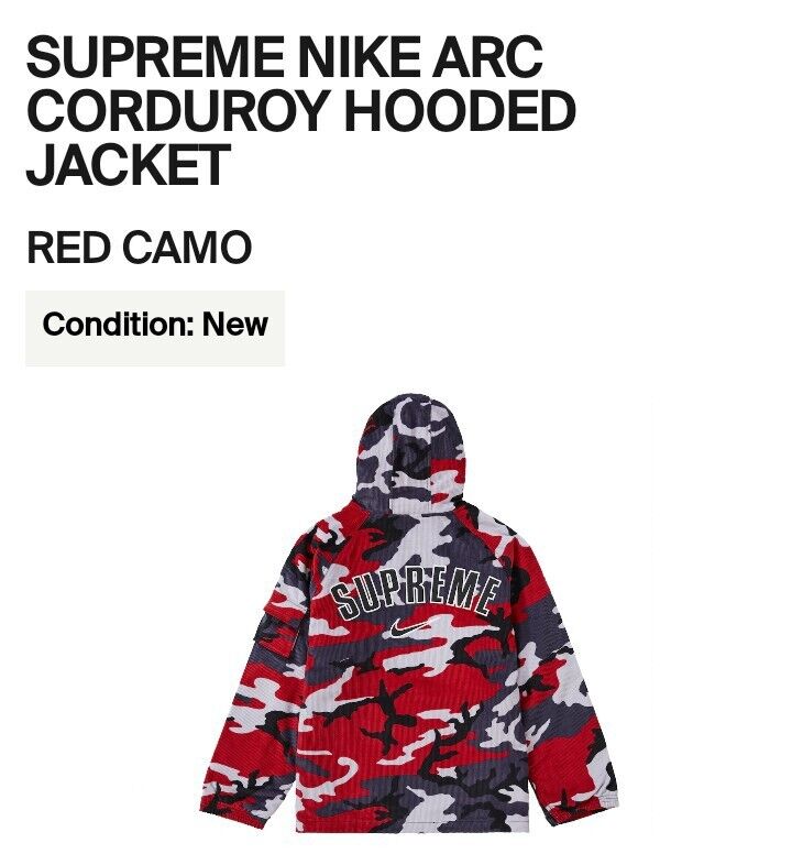 Size L - Supreme x Nike Arc Corduroy Hooded Jacket (Red Camo Size L - Supreme x Nike Arc Corduroy Hooded Jacket (Red Camo