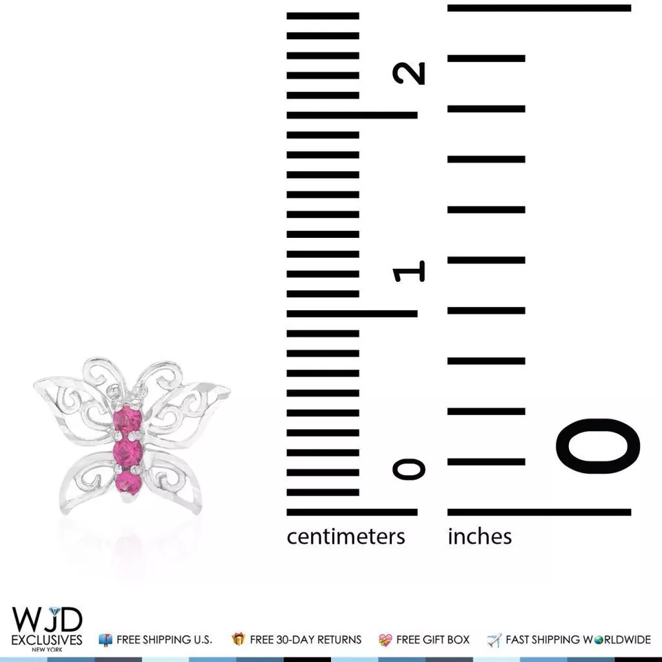 14K White Gold Diamond-Cut Simulated Ruby Butterfly Screw Back Stud Earrings - Image 4 of 4