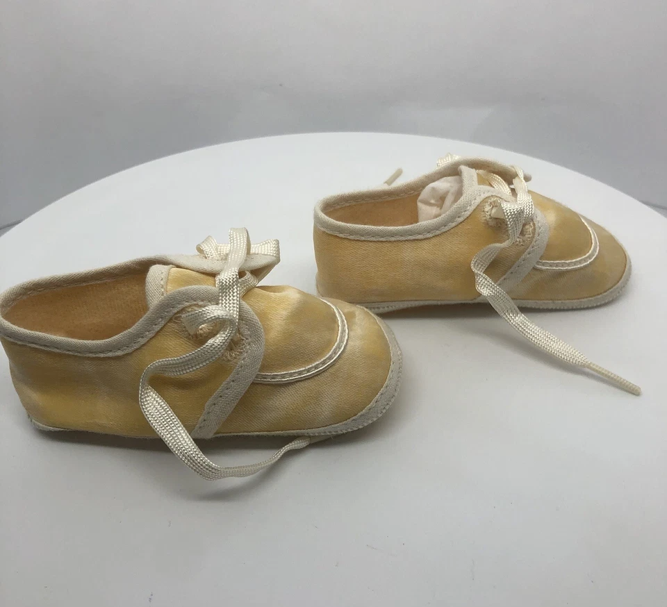 Vintage Christening Shoes Satin Feel Laces Infant Baptism Shoes 3.5” Long Yellow - Image 3 of 4