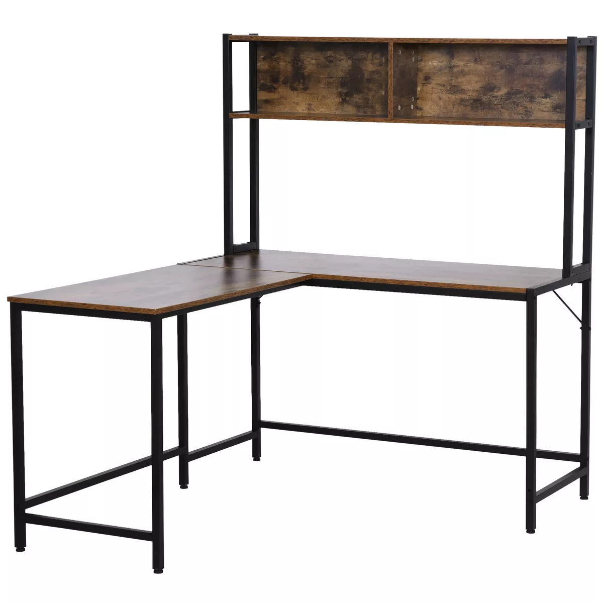 Industrial L-Shaped Desk with Storage Shelves, Corner Computer