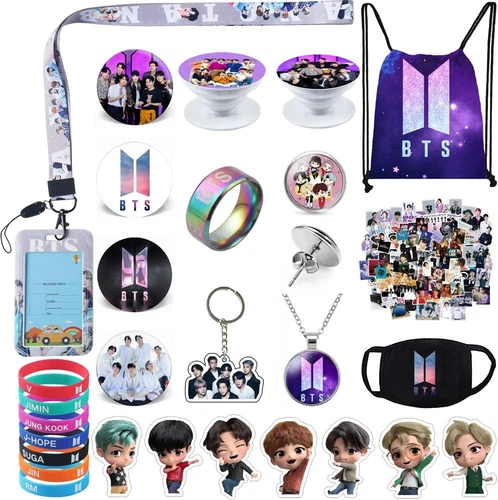Juego de regalos BTS, incluye mochila bolsa con cordón, collar, pendientes, anillos, sujetador