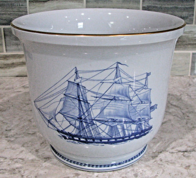 Spode Fine Stone Trade Winds Blue Deep-Dish, Cachepot, Planter, Clipper Ship, 7''