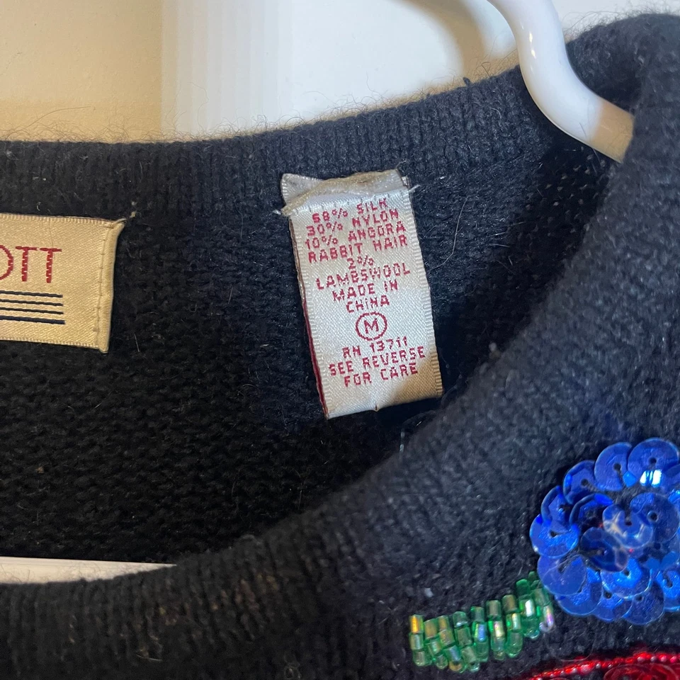 Suéter Karen Scott II Vintage Bling Talla Med Mezcla Seda Angora Lentejuelas Floral Foto 4 de 4