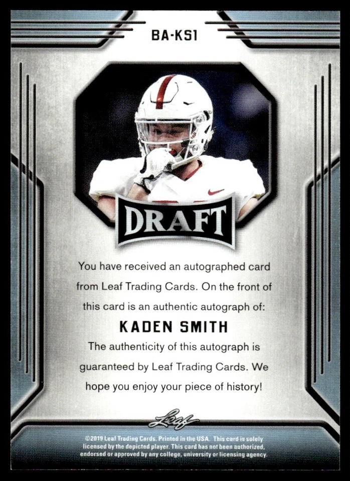 2019 Leaf Draft Autographs Gold Kaden Smith Auto Stanford Cardinal #BA-KS1 - Image 2 of 2