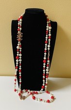 Vintage CHANEL Long Pearl And Red Beads Necklace With Red Enamel CC