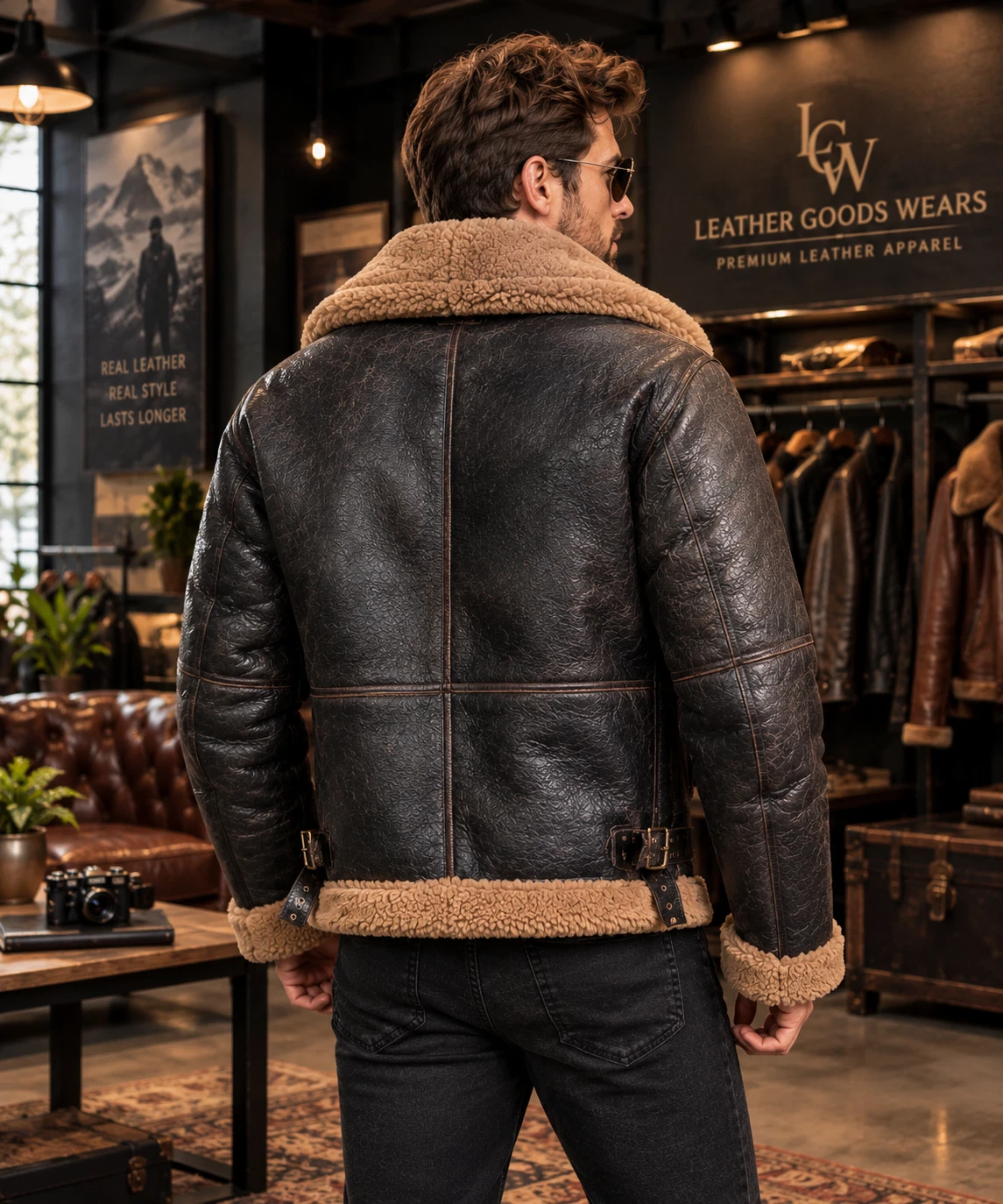 Mens B3 Shearling Aviator Jacket Black Leather Tan Fur Collar Flight Bomber Coat - product detail image 2