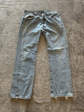 Levis 501 Jeans Mens 36x32 Light Blue Denim Button Fly Straight Leg Distressed