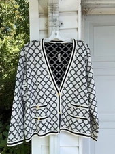 NWT Talbots Sophisticated Cream Black Trellis Pattern Black  V-neck Cardigan 3X