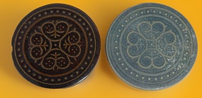 2 Vintage Small Round Embossed Accent Tiles 1 Blue 1 Brown  3.25 