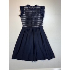 Ann Taylor Petite Navy Blue Dress White Striped Smocked Ruffle Sleeves