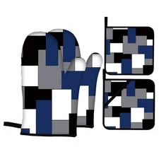 Blue Black Grey Oven Mitts and Pot Holders Sets of 4 Geometric Oven Mitts Ove...