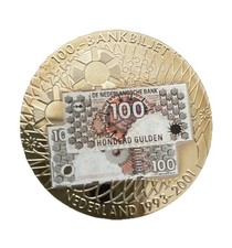 2001 NETHERLANDS 100 GULDEN COLOURED BANKNOTE ON A 40mm PROOF MEDAL - coa