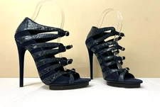Balenciaga Stilletto Cage Heels Navy Blue Python + Suede Leather Pointed SZ 38/8