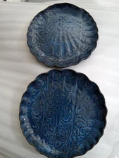 Two Indigo Blue Scalloped Edge 10"Handmade Decorative Redware Plates Signed S.L.