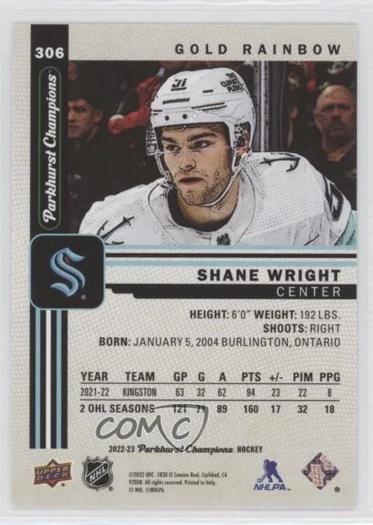 2022 Upper Deck Parkhurst Champions Rookies Gold Rainbow Shane Wright Rookie RC - Image 2 of 2