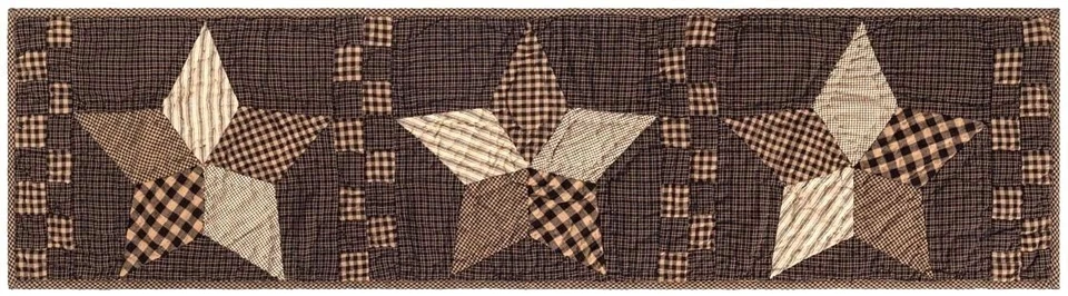 Hand Quilted Patchwork Table Runner Farmhouse Star Black Tan Checks 48" Long - Image 4 of 4