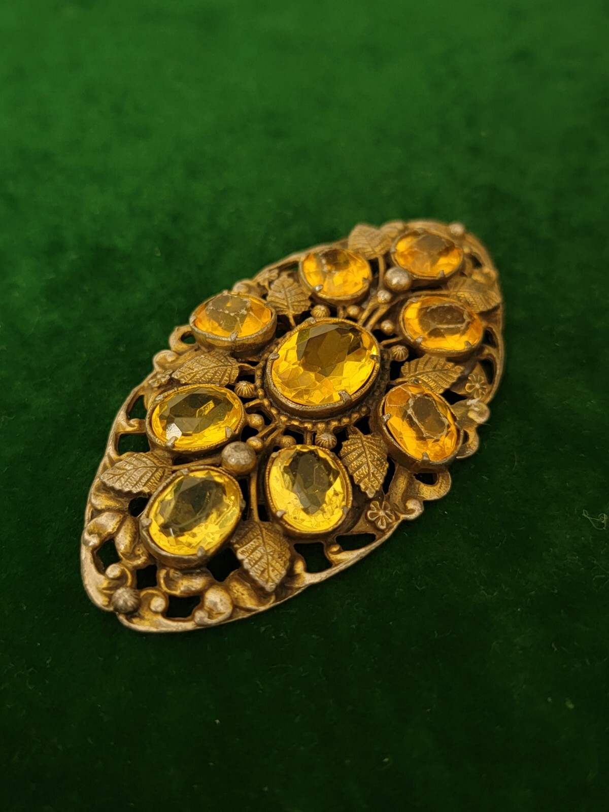 Broche Ancienne Art Nouveau - Bronze Et Turquoise - Motif Feuille Vintage - Bon état