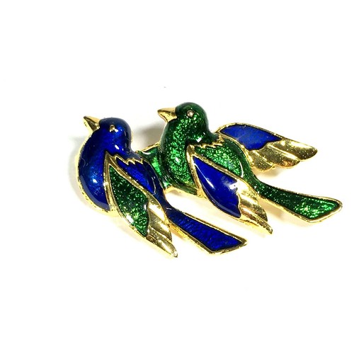 Buntes Emaille Paar Vögel Brosche Anstecknadel goldfarben blau grün