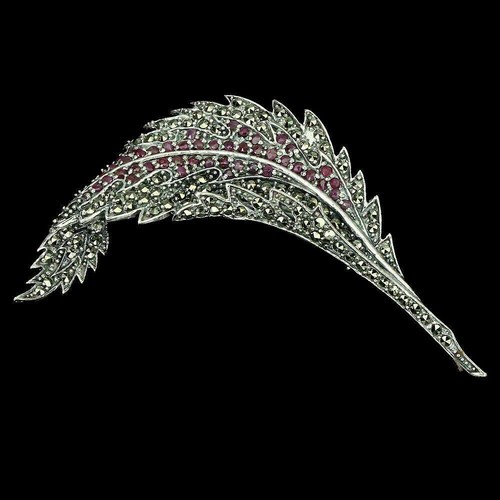 Silver Brooch Ruby Genuine Natural Gems Marcasite Encrusted Solid Sterling Leaf - Picture 17 of 24