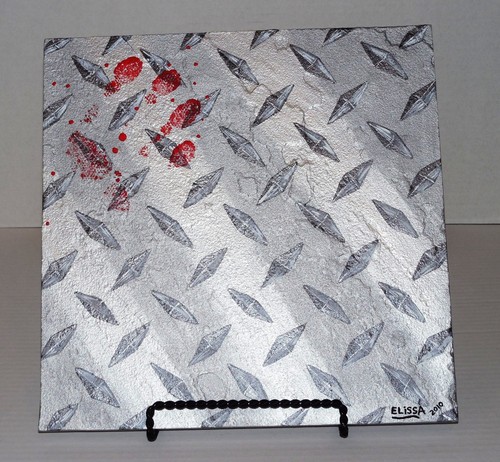 Faux Silver Metal Diamond Plate 3D Flagstone Industrial Art Painting By Artist - Picture 8 of 12