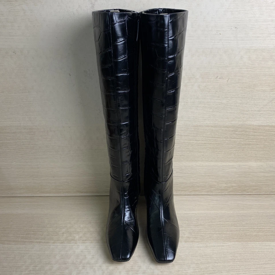 3.1 PHILLIP LIM “Tess” Black Croc-Embossed Square Toe Zip Up Leather Boots, 37 - Image 4 of 4