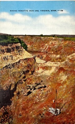 1961 Postcard Mining Hematite Iron Ore Pit Virginia MN Heavy Equipment View