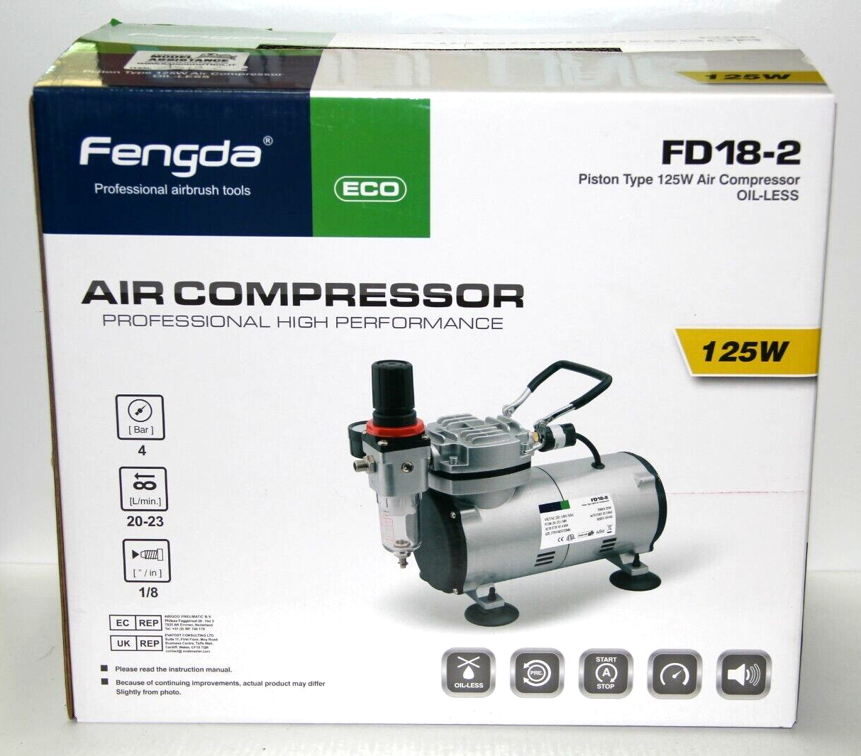 FENGDA AIRBRUSH AEROGRAFO COMPRESSORE AIR COMPRESSOR 125W 4BAR ART AS18-2 FD18-2