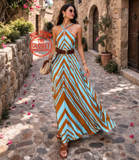 Mango Mediterranean Satin Maxi Dress Riviera Resort NWT