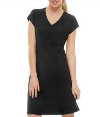 LL Bean Fitness Dress Sz M V-Neck Short Sleeve Stretch Knit Pullover Zip Pocket