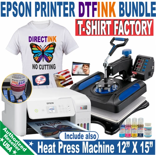 Epson Printer with DTF ink Heat Press Machine 12"x15"  T-Shirt Printing Bundle
