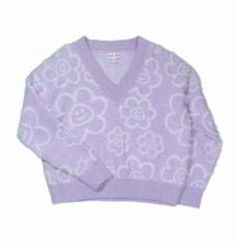 Hazel Moon Purple V-neck Sweater With A Flower Pattern And Smiley Faces
