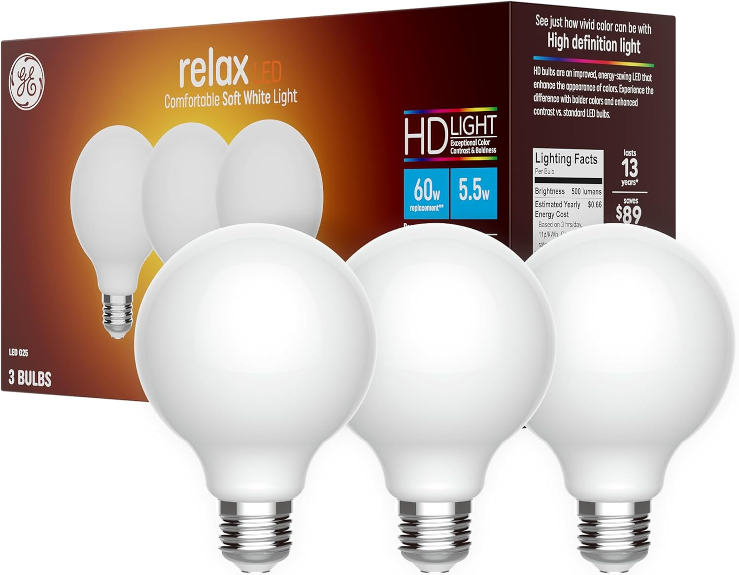 Relax LED Light Bulbs, 60 Watt, Soft White, G25 Globe Bulbs,