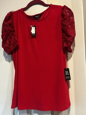 Express Crew Neck Lace Puff Sleeve Tee Red-Small