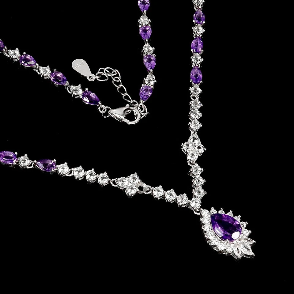 925 Argento Sterling Collana Pera Ametista 8x6mm Topazio Naturale Gemma Gioielli - Immagine 2 di 4