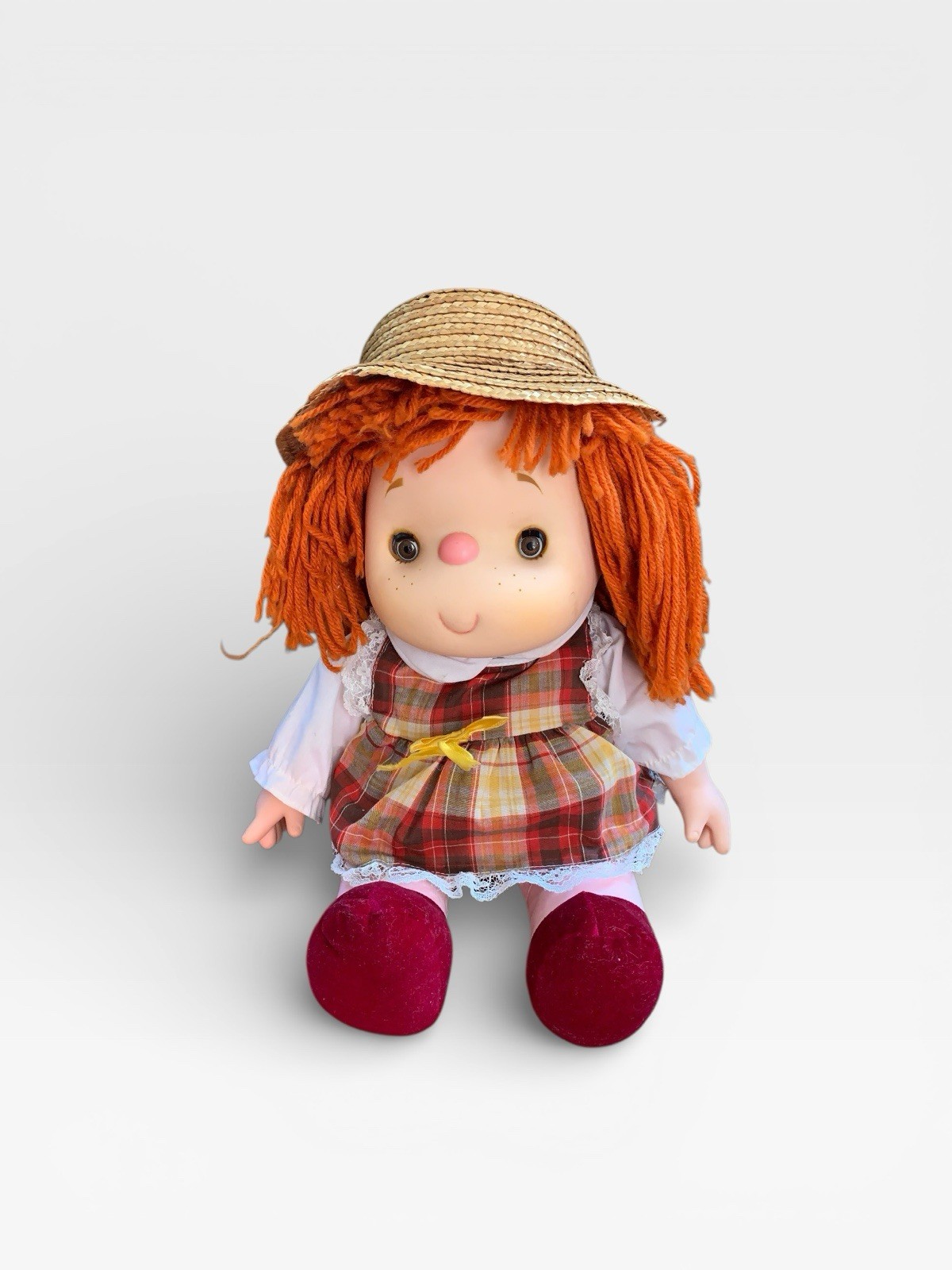 Vintage 1980 Ice Cream Doll J. Shin? Girl With Straw Hat & Sleepy Eyes 14” Plaid