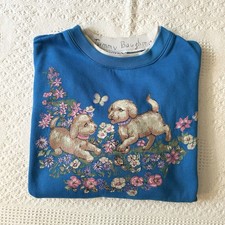 Vintage Dog Sweatshirt Crewneck Womens Medium Blue Floral Grandmacore Vtg READ