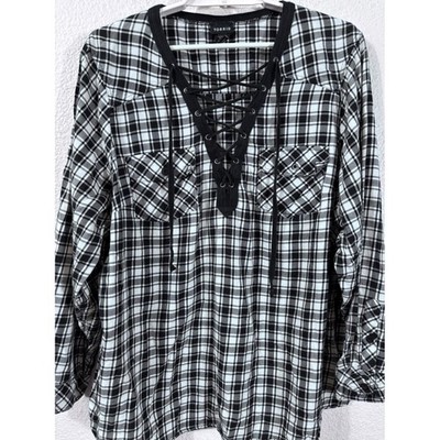 Torrid Plaid Blouse Womens 3 Black White Lace Up Front Utility Pockets Cotton