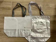 Lot of 2 ATHLETA Metallic Silver Reusable Shopping Tote Gym Bags Gray Handles 
