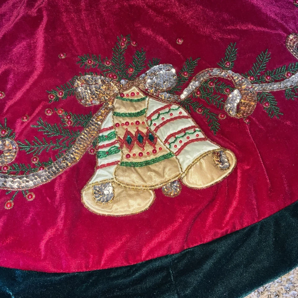 Christmas Tree Skirt Red & Forest Green Velvet Gold Bells, Beaded, Satin Back - Image 2 of 4