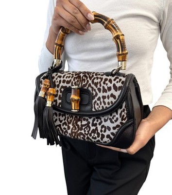 GUCCI ヒョウ柄バック GUCCI Vintage Bamboo Leopard 2way Handbag Crossbody Bag Pony Calf