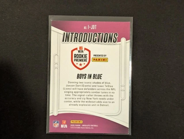 2025 Panini Absolute JAXSON DART ISAAC TESLAA #I-JDT Rookie Introductions RC - Image 2 of 2