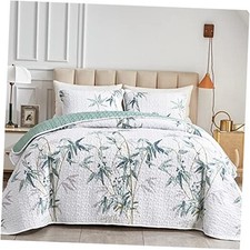 Botanical Quilt Set 3 Queen-90" x 90" 1 Quilt 2 Pillow Shams Green Leaves
