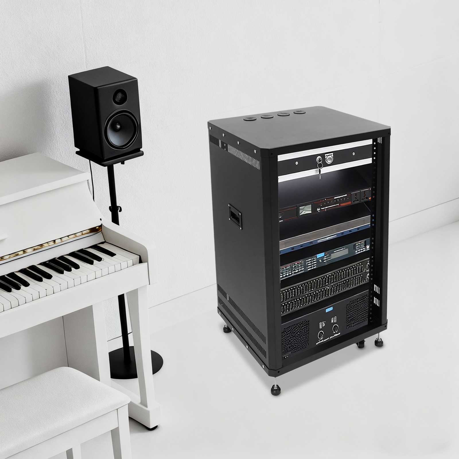 18U Black DJ Mixer Stand Audio Rack with 4 Wheels, Rolling Network Cabinet