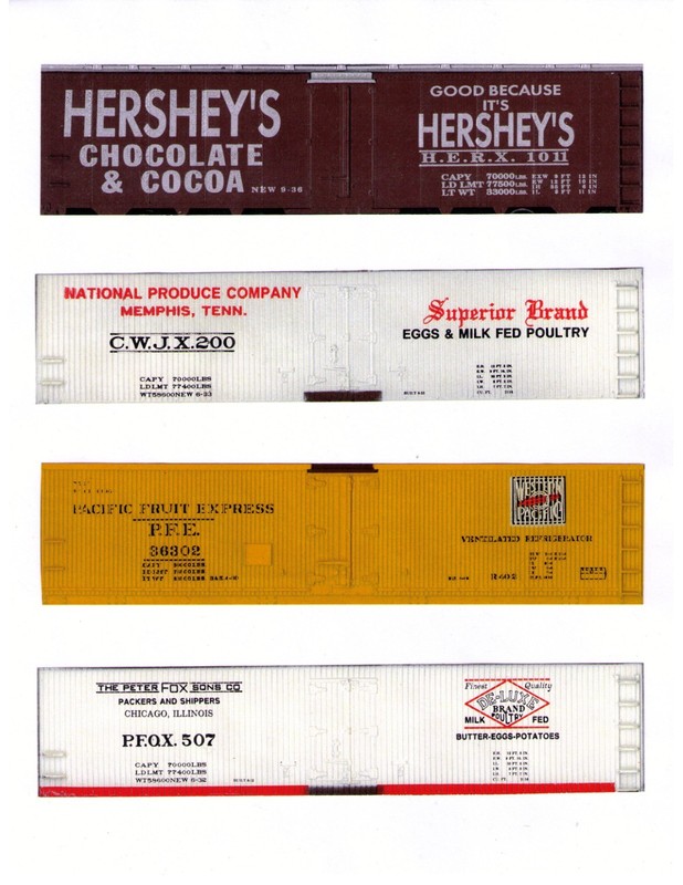 4 boxcars, including HERSHEY reefer, HO scale printed sides