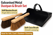 Galvanised Metal Dustpan & Brush Set Stiff  & Soft Bristles Ash Coal Outdoor Set